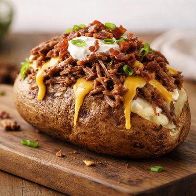 Baked potato with shredded beef and cheese