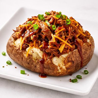Baked potato with shredded cheese and pulled pork