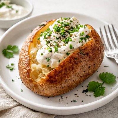 Baked potato with sour cream and herbs