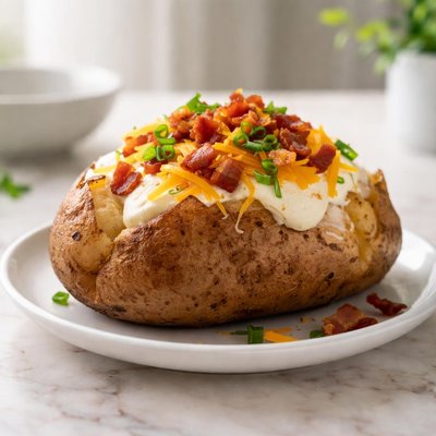 Baked potato with sour cream bacon bits and cheese