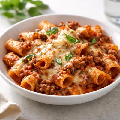 Baked rigatoni with cheese and red sauce