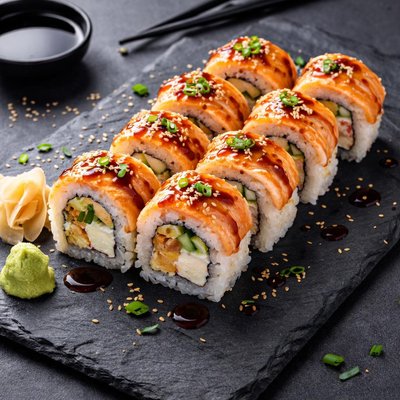 Baked salmon sushi roll