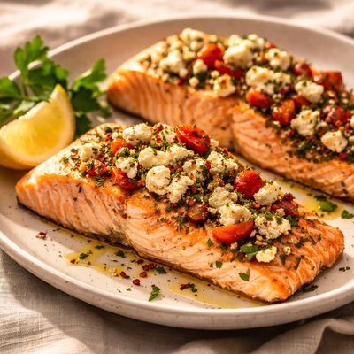 Baked salmon with feta