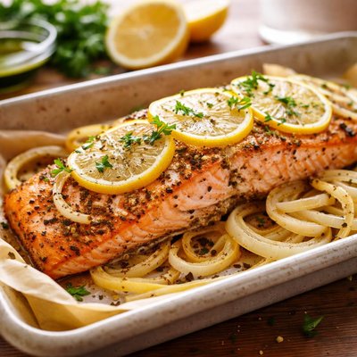 Baked salmon with lemon and onions