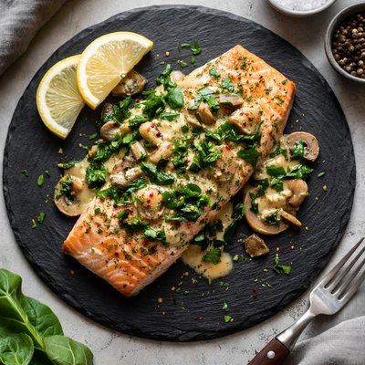 Baked salmon with spinach and mushrooms
