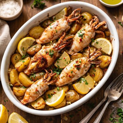 Baked squid with potatoes