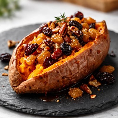 Baked sweet potato with raisins
