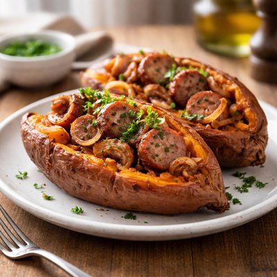 Baked sweet potato with sausage and onions