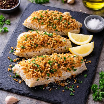 Baked white fish with bread crumbs