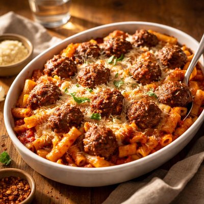 Baked ziti with meatballs
