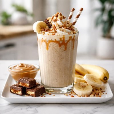 Banana milkshake with peanut butter and chocolate bar