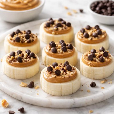 Banana slices with peanut butter and chocolate chips