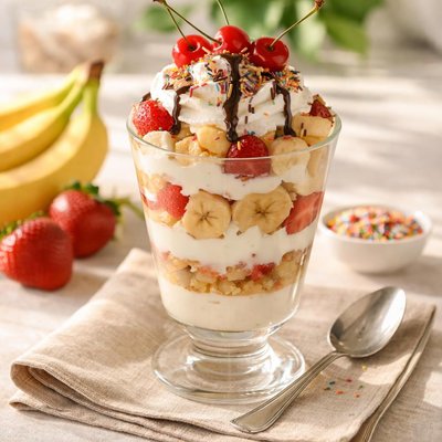 Banana split cream parfait