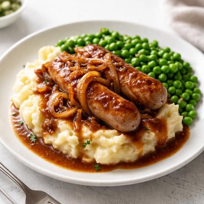 Bangers and mash with peas