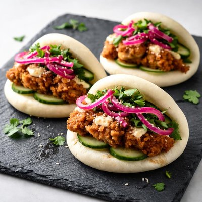 Bao bun with fried chicken and pickled onions