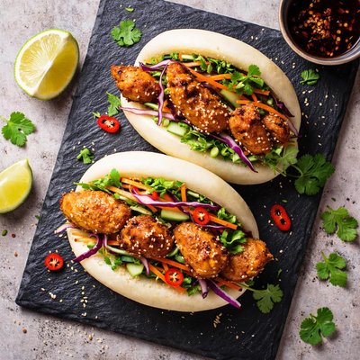 Bao bun with fried chicken and vegetables
