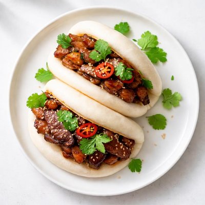 Bao bun with meat and cilantro