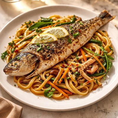Barada bronzino with noodles