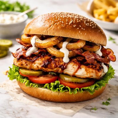 Barbecue chicken ranch and grilled onion burger
