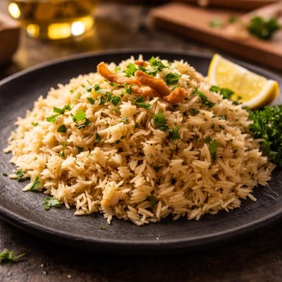 Basmati rice cooked in chicken bone broth
