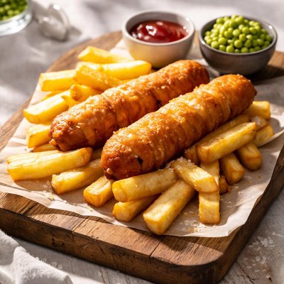 Battered sausage and chips
