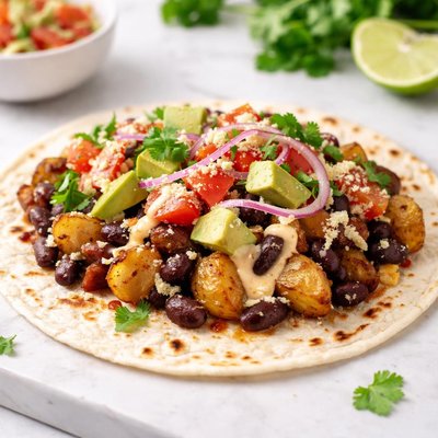 Bean and potato taco on flour tortilla