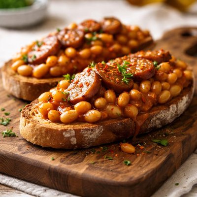 Bean and sausage on toast