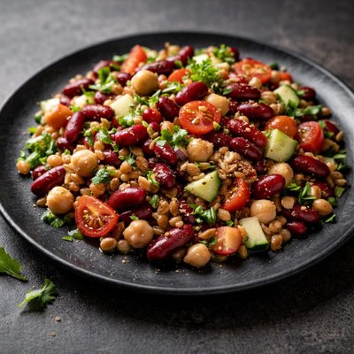 Bean salad with red beans chickpeas and wheat berries