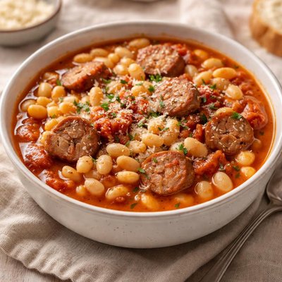 Bean soup with noodles and sausage