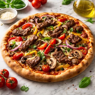 Beef and vegetables pizza