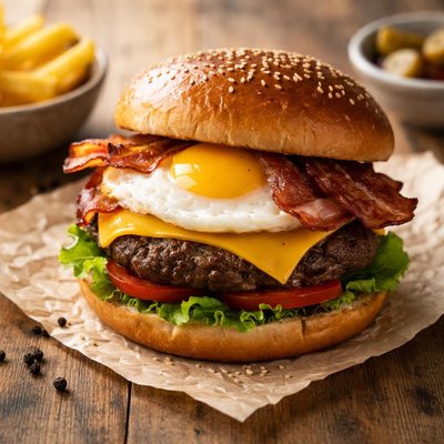 Beef bacon egg and cheese burger