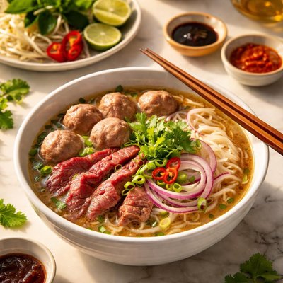 Beef ball pho noodle soup