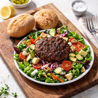 Beef burger salad and bread roll