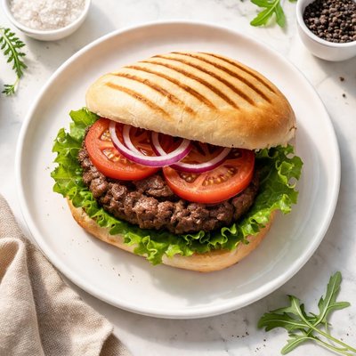 Beef burger tomato lettuce on panini