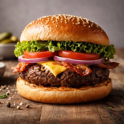 Beef burger with bun and toppings