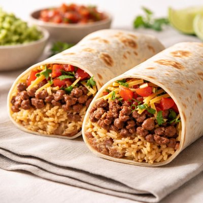 Beef burrito with refried beans and rice