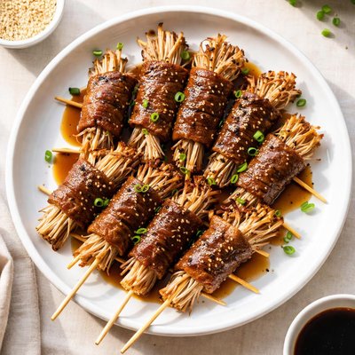 Beef enoki skewer