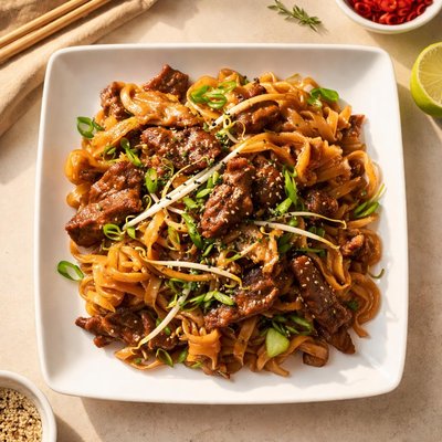 Beef flat noodle dish