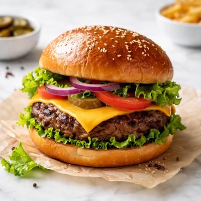 Beef hamburger with lettuce and cheese