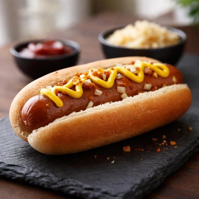 Beef hot dog with bun and mustard