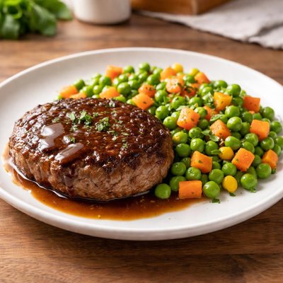 Beef patty with peas and carrots