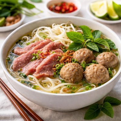 Beef pho with meatballs