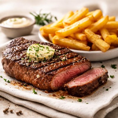 Beef steak with fries