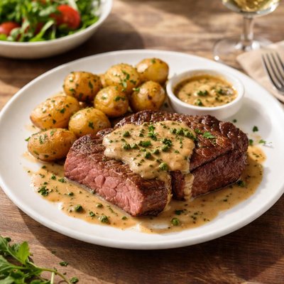 Beef steak with peppercorn sauce