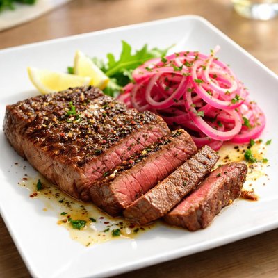 Beef steak with pickled onions