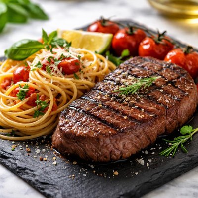 Beef steak with spaghetti