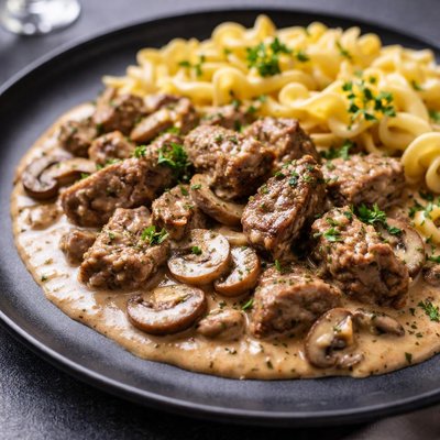 Beef stew in sour cream mushroom sauce