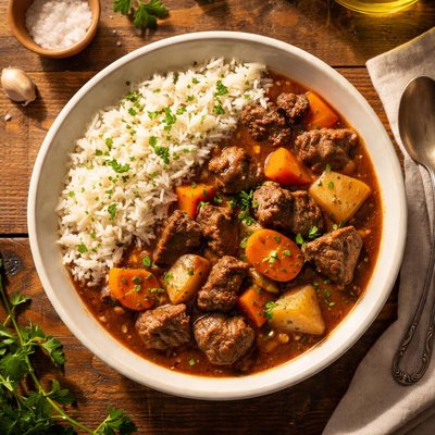 Beef stew with carrots and rice