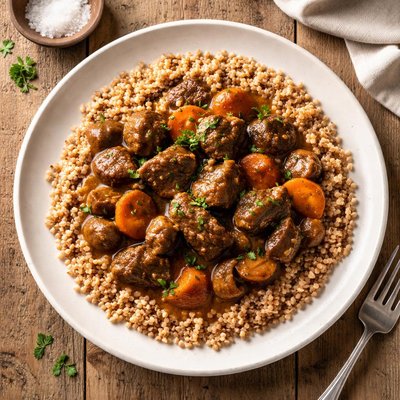 Beef stew with groats in sauce