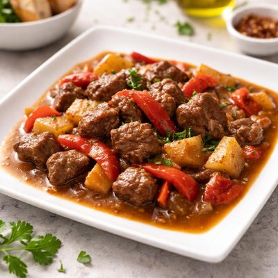 Beef stew with red bell peppers